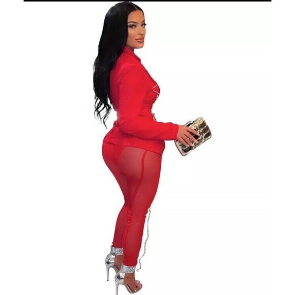 Sexy Red Two Piece Sheer Pants Set Size XL Club Party Date Stretch Leggings Top - Picture 2 of 3